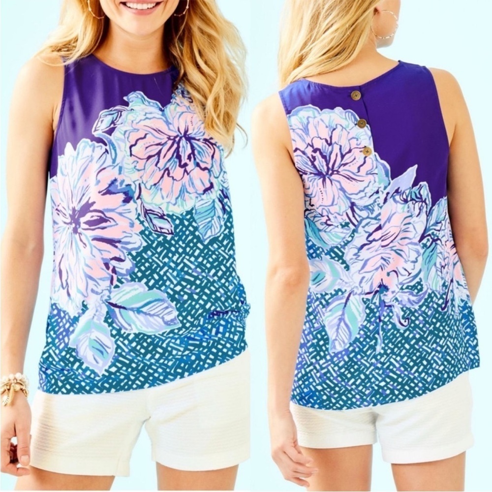 Lilly Pulitzer lona Top Mr Peacock Blue Plant One On Me Floral New Size Medium